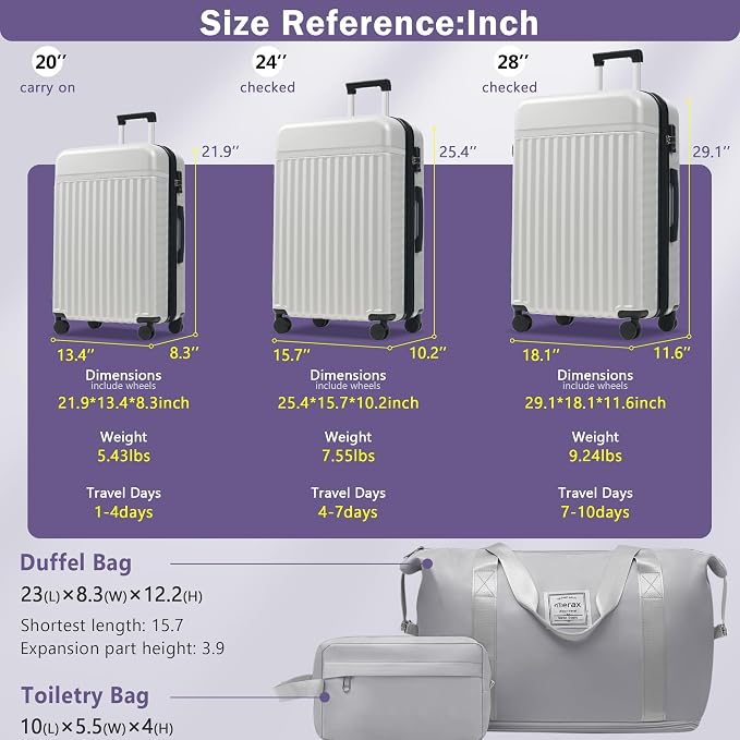 Merax 3 Piece Luggage Sets, Hardside Lightweight Carry on Suitcase | Durable Expandable Luggage with Travel Bags Spinner Wheels and TSA Lock,White Grey - Image 2