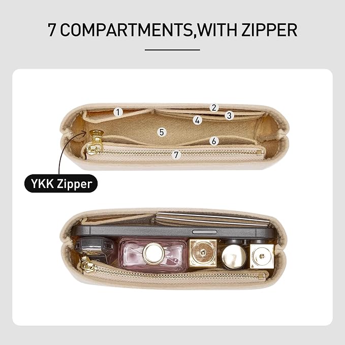 Purse Organizer Insert, Felt Zipper Small Tote Handbag Organizer Compatible with neverfull BB, mini anjou, energy xs and More,Beige/XS - Image 4
