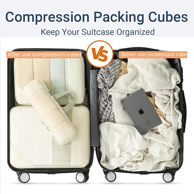 6 Set Compression Packing Cubes,Garment bags for travel,Luggage Organizers for Carry-on Suitcase,Beige - Image 7