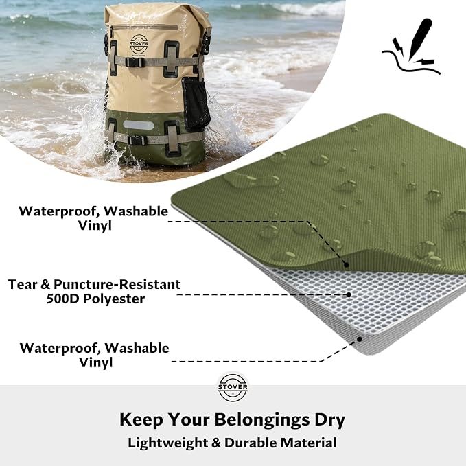STOVER 40L Waterproof Dry Backpack & Phone Case - X-Large Floating Dry Bag for Kayaking, Travel, Hiking, Fishing, Camping, Motorcycles & Beach, Heavy-Duty Roll Top Men/Women (Tan/Army Green/Brown) - Image 3