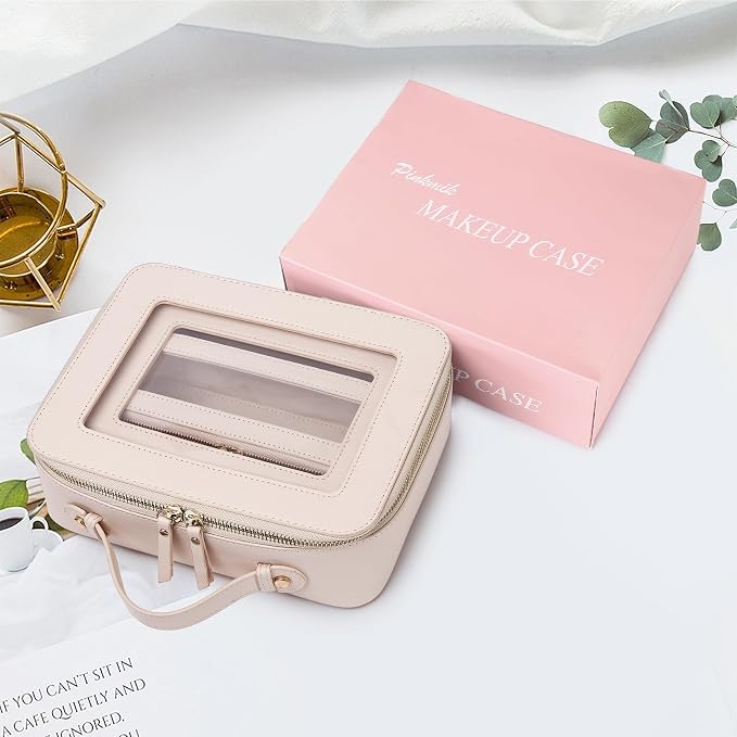 Pinkmik Clear Makeup Bag with Brush Bag 3pcs Waterproof Travel Case for Cosmetics and Toiletries Women's Makeup Organizer with Zipper (Beige, L+M+SLIM) - Image 6