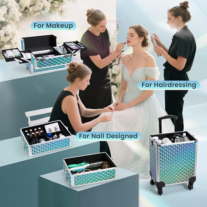 Stagiant Rolling Makeup Case Cosmetology Case on Wheels 4 in 1 Makeup Travel Case Large Cosmetic Organizer Storage with Key Swivel Wheels Nail Artist Salon Traveling Cart Trunk Watery Blue - Image 2