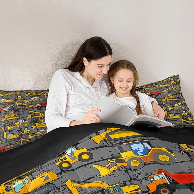 Erosebridal Excavator Comforter Set King,Tractor Construction Bedding Set for Kids Boys Teens Truck Room Decor,Cartoon Vehicle Car Bedding Comforter Construction Site Duvet Set Yellow Dark Grey 3 Pcs - Image 5