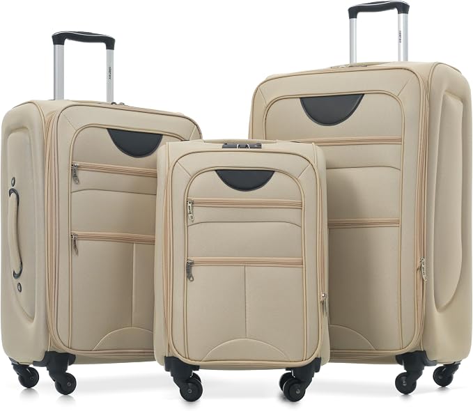 Merax Softside Luggage Set Softshell Lightweight 3 Piece Spinner Suitcase | Travel Suitase with TSA Lock Spinner Wheels Lightweight Upright Luggage,Khaki by Merax