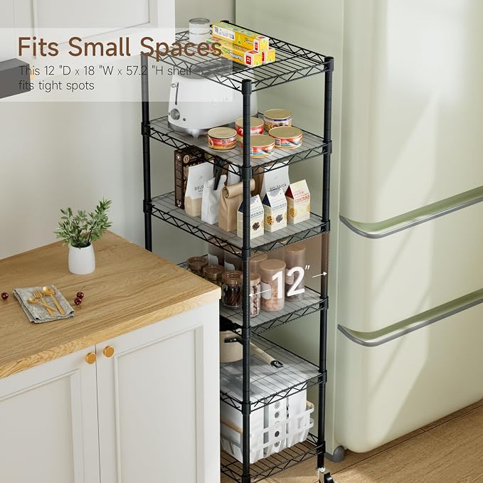 Golpart Small 6 Tier Shelves Storage Wire Shelving Unit Metal Shelf Adjustable Organizers Storage Shelving with Wheels for Bathroom Laundry Room Kitchen Pantry11.7”D x 17.7”W”W x 61.6”H Black - Image 6