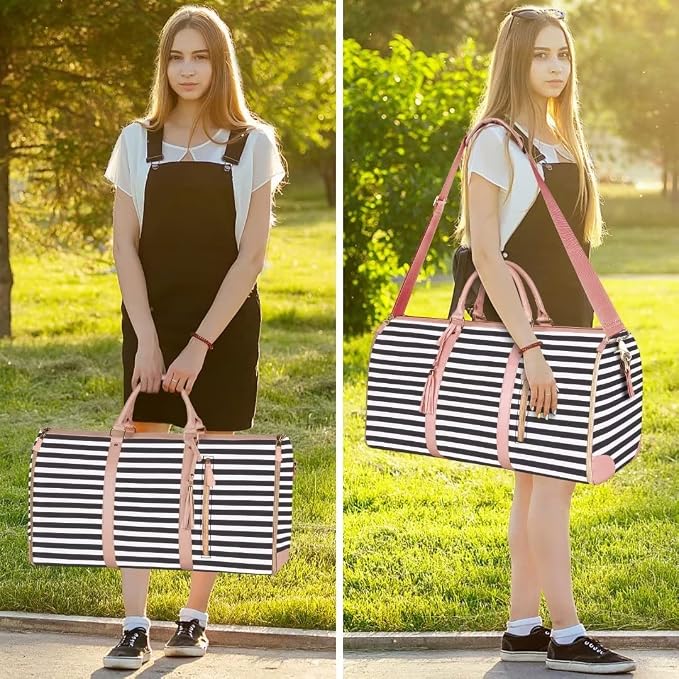 Ytonet Carry On Garment Bag, Large Hanging Duffle Bag for Women, PU Leather Waterproof Bags Travel with Shoe Pouch - 2 in 1 Suitcase Suit Bags, Black and White Stripe - Image 7