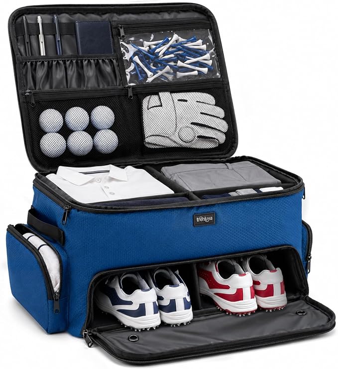 Golf Trunk Organizer with Separate Ventilated Compartment for 2 Shoes | 2 Layer Storage, Up To Us Men'S 16, Waterproof Side Pocket, Golf Car Storage for Balls, Tees, Cap, Clothes, Gloves by Trenluva
