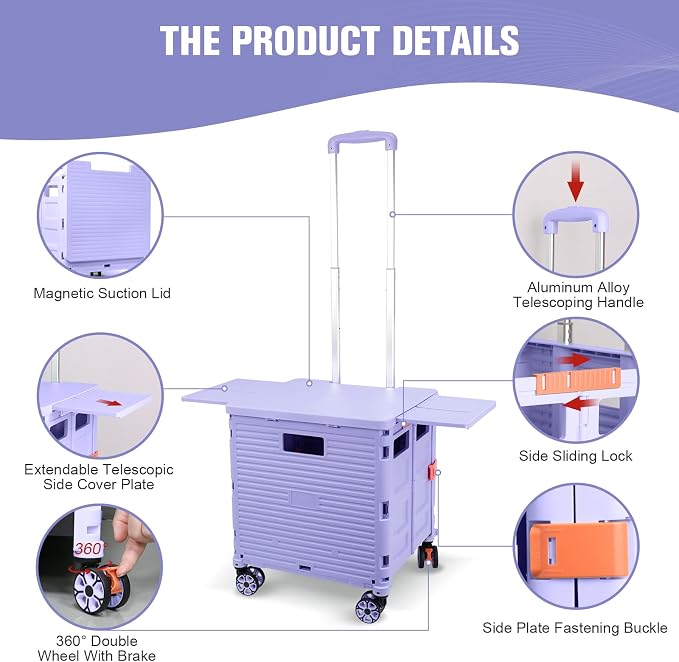 FELICON SELORSS Folding Utility Cart Portable Rolling Crate Handcart-Purple | Magnetic Sliding Lid,Telescoping Handle,Plastic Box Dolly,360°Swivel Wheels for Travel Shop Move Laundry Office Teacher Use - Image 3