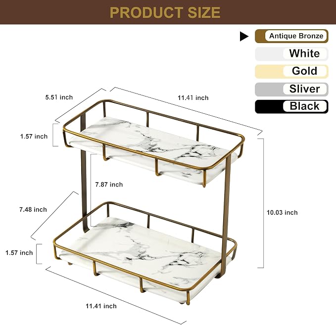 Bathroom Organizer Countertop Perfume Organizer Makeup Organizer Cosmetics Storage Display Rack Vanity Tray Dresser Stainless Steel Gold Shelf White Marble Ceramic Tray - Image 6