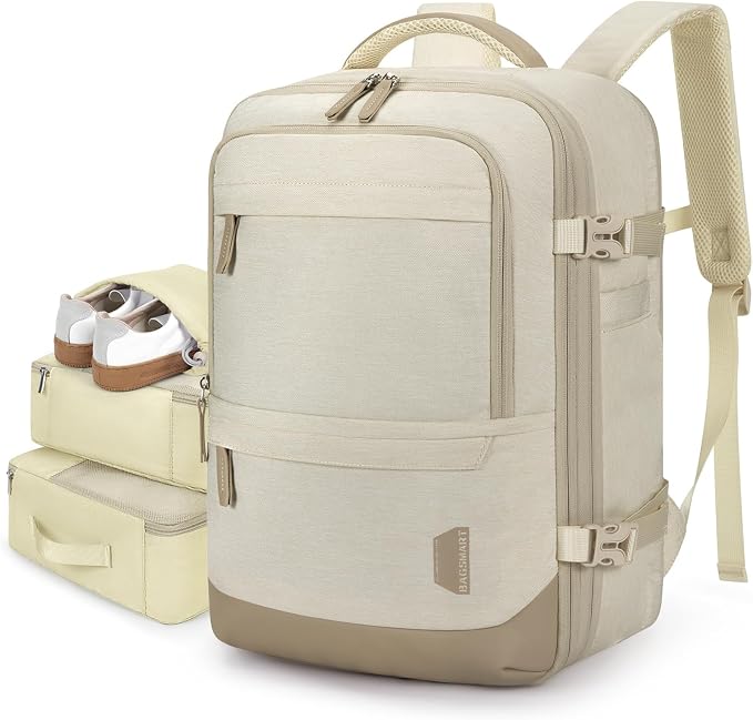 BAGSMART 37L Expandable Travel Backpack Compression Carry On Daypack | Warm Beige weekender bag fits 17" laptop. Water resistant luggage with packing cubes and shoe pouch. by BAGSMART