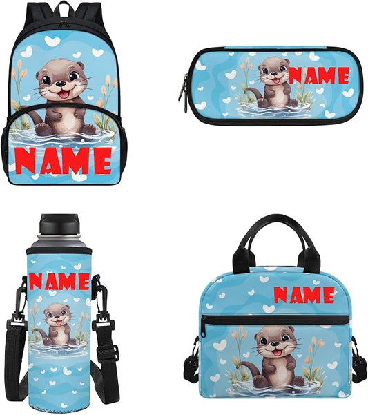 Children Schoolbag Set 4Piece Set Cartoon Otter Backpack with Lunchbox+Pencil Case+Water Bottle Carrier Bag for Boys Girls Kindergarten Bookbag Personalize Otter Backpack Custom Name by FUIBENG
