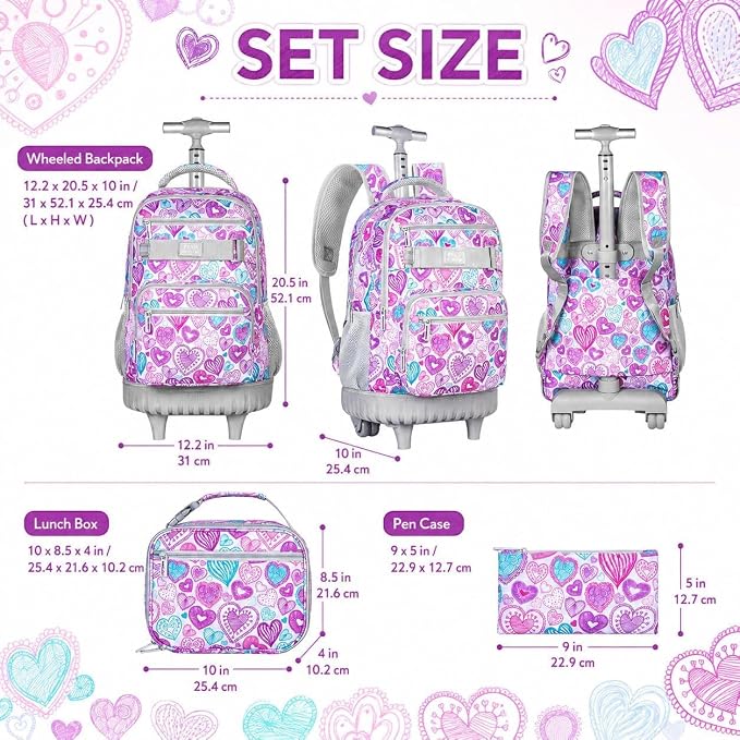 3pcs Rolling Backpack for Girls, 19 Inche Adult Bag with Roller Wheels, Wheeled Bookbag Set for Women - PinkGrey - Image 4