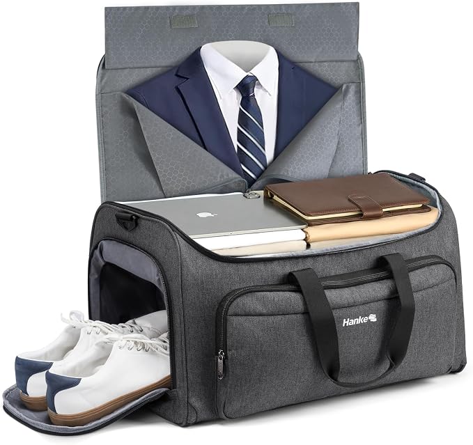 Hanke 2 In 1 Carry On Garment Duffle Bag with Shoe Compartment, Dark Grey | 55L Large Capacity with Multi-Pockets & Shoulder Strap, Wrinkle-Free, Water-Resistant, Portable Weekender for Business by Hanke