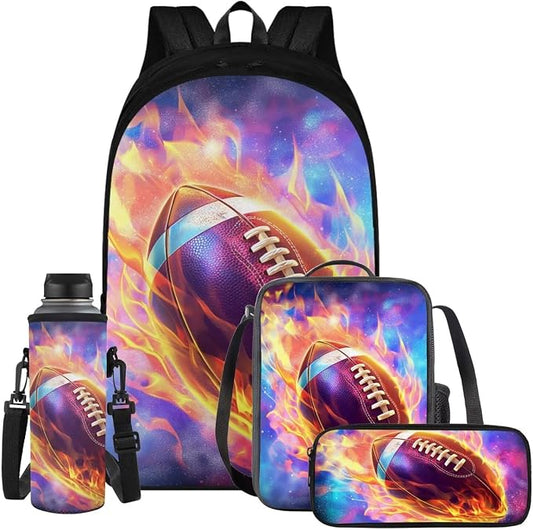Galaxy Football Backpack for Boys Kids Backpack with Lunch Box Water Bottle Holder with Strap and Soft Pencil Case 4PCS Set Bookbag with Compartments for School 17" Sturdy School Bag for Girls by ELEDIZI