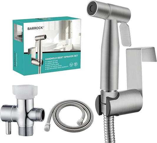 BARROCK Handheld Bidet Sprayer for Toilet, Stainless Steel Metal Made Baby Cloth Diaper Spraying Kit, Bathroom Toilet Bidet Attachment Set for Bathing Pets and Feminine Hygiene, Brushed Nickel