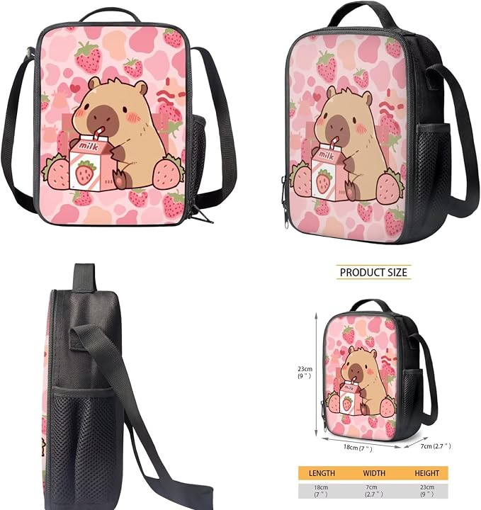 Cute Capybara Backpack for School Girls 2nd Grade : 17in Strawberry Bookbag with Lunch Box - 4 in 1 Cow Print Book Bag - Cowgirl Set for Kids 6-8-10 - Image 5