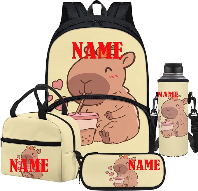 4 Pack Capybara Backpack Add Name Personalize Cartoon Capybara Schoolbag Sets with Lunch Box Pencil Case Water Holder Sleeve for Boy Girl 3-4,Casual Daypack Outdoor Travel Ruckpack by FUIBENG