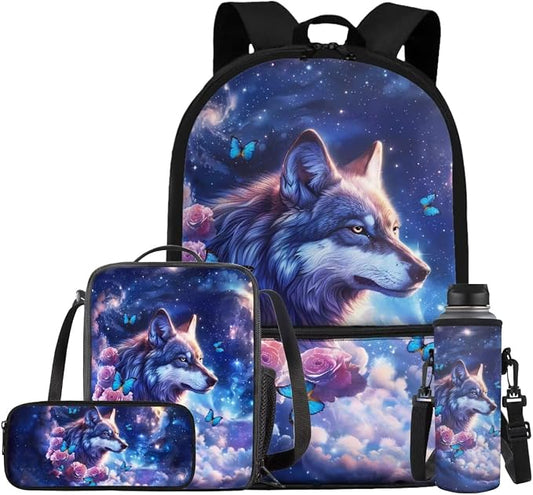Galaxy Wolf Backpack for Girls Kids Backpack with Lunch Box Water Bottle Holder with Strap and Aesthetic Pencil Case 4PCS Set Bookbag with Front Pocket for School 17 inch Sturdy School Bag by ELEDIZI