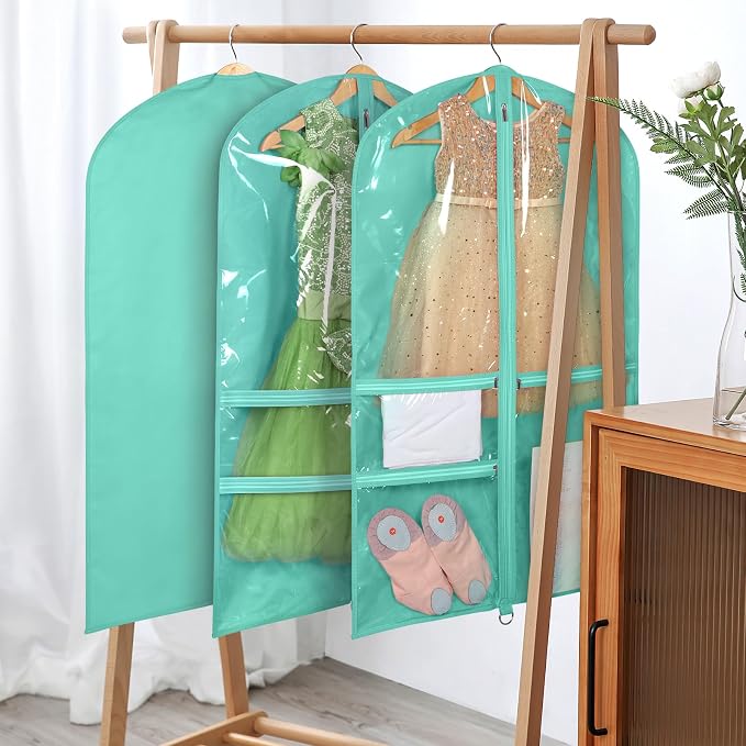 Univivi Dance Costume Bags Garment Bag 40 Inch Hanging Clothes for Dance Competitions, with 3 Medium Clear Zipper Pockets for Dance Costumes, Closet Storage (Green) - 4 Pack - Image 5