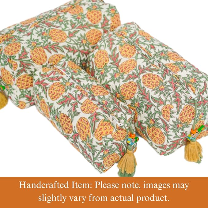 Saffron Marigold Quilted Makeup Bag Set of 3, Hand Block Printed Cotton Cosmetic Bags for Women, Waterproof Lined Travel Toiletry Bag, Coquette Aesthetic, Handmade Gift, Pineapple Grove - Image 2