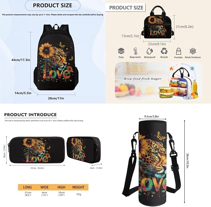 4 pcs Kids Backpack Set, Love Tiger Print School Supplies Include School Bags Book Bag with Insulated Lunch Bag Kit Pen Bags Water Bottle Sleeve Set for Kids Teens Boys Girls - Image 7