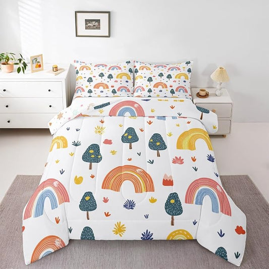 Erosebridal Kids Rainbow Bedding Set Queen Size, Abstract Raindrop Comforter Set Hand Drawn Rainbow Duvet Insert for Girls Boys Teens Adult, Iridescent Stripes Bedding Comforters with 2 Pillow Cases by Erosebridal