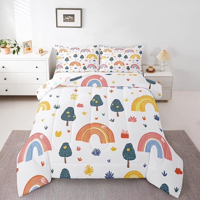 Erosebridal Kids Rainbow Bedding Set Full Size, Abstract Raindrop Comforter Set Hand Drawn Rainbow Duvet Insert for Girls Boys Teens Adult, Iridescent Stripes Bedding Comforters with 2 Pillow Cases by Erosebridal