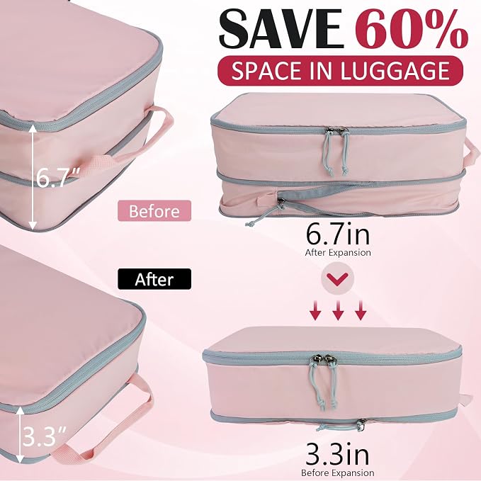 Large Compression Packing Cubes for Travel, 2 Set Compression Bags Travel Cubes for Packing Suitcase Organizer Luggage Organizer Bags Set, Pink - Image 2
