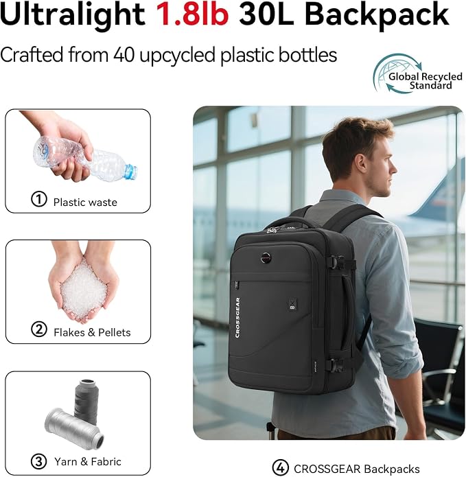 CROSSGEAR Travel Backpack for Spirit Airlines 18x14x8 Inch,TSA Approved Underseat Personal Item Backpack for 15.6" Laptop,1.8lb Lightweight Eco-Friendly Bag with Anti-Theft Lock & RFID Pocket(Black) - Image 3