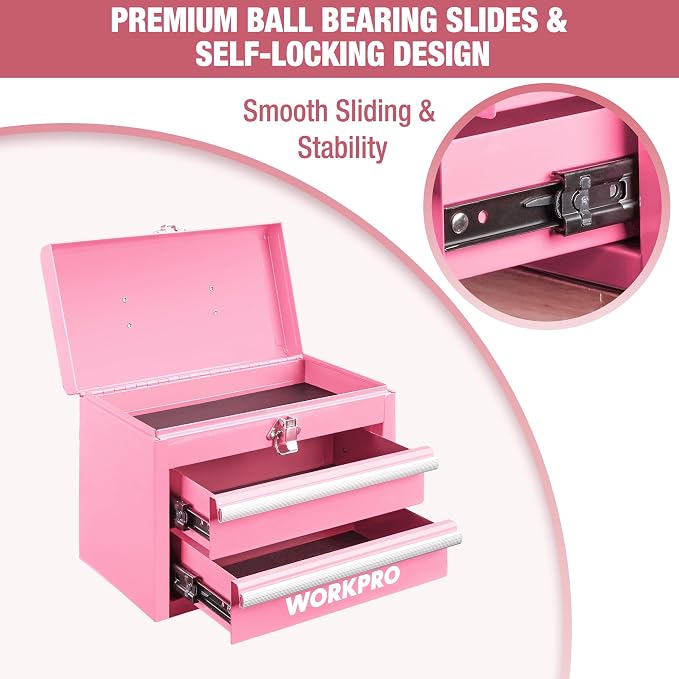 WORKPRO Portable Mini Metal Tool Box with 2 Drawers | Metal Tool Chest, Ball Bearing Slides, Top Storage, Latch Handle, PVC Drawer Liners, PP Feet Pads - Image 4