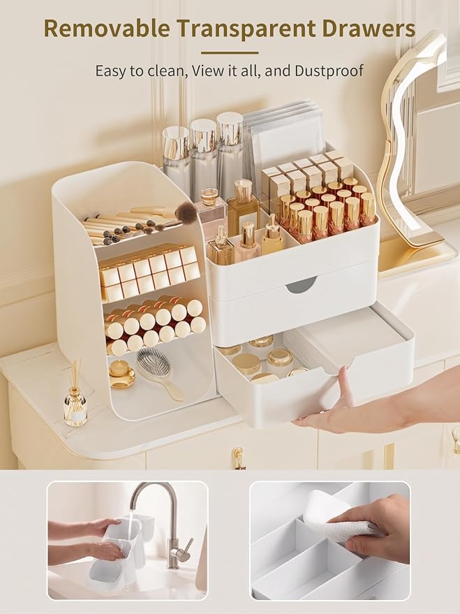 Booklov Small Makeup Organizer for Vanity and Bathroom Countertop, White | Plastic Cosmetic Display Case with Drawers, Beauty Brush Holder for Dresser Counter, Storage Skin Care Eyeshadow Lipstick - Image 5