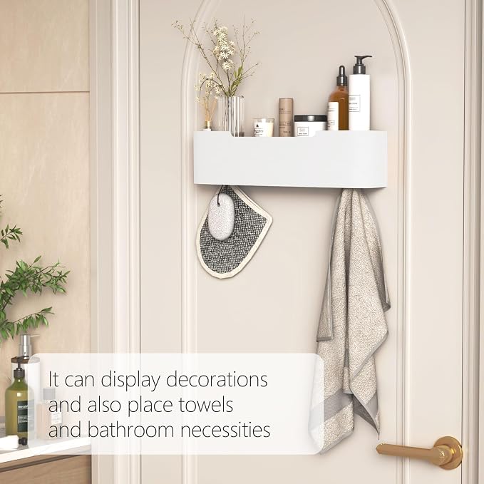 Coat Rack Wall Mount with Shelf 4 Hidden Hooks Modern Wooden Key Holder Entryway Organizer for Hallway Bedroom Bathroom Home Decor Storage for Hanging Coats Hats Bags Towels, White - Image 6