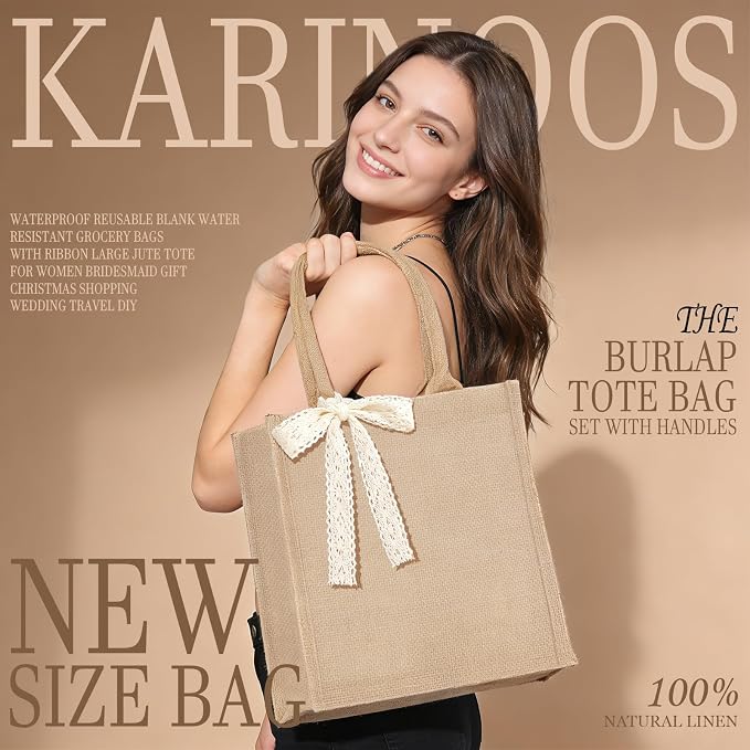 Burlap Tote Bag Set with Ribbon, Reusable Blank Water Resistant Grocery Bags - Image 4