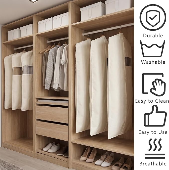 Aliceset 6 Pcs 40 Inches 50 Inches Cotton Garment Bags for Hanging Clothes, Canvas Suit Bags for Clothes Coats Jackets Shirts Closet Storage Travel Gusseted Hanging Garment Cover - Image 3