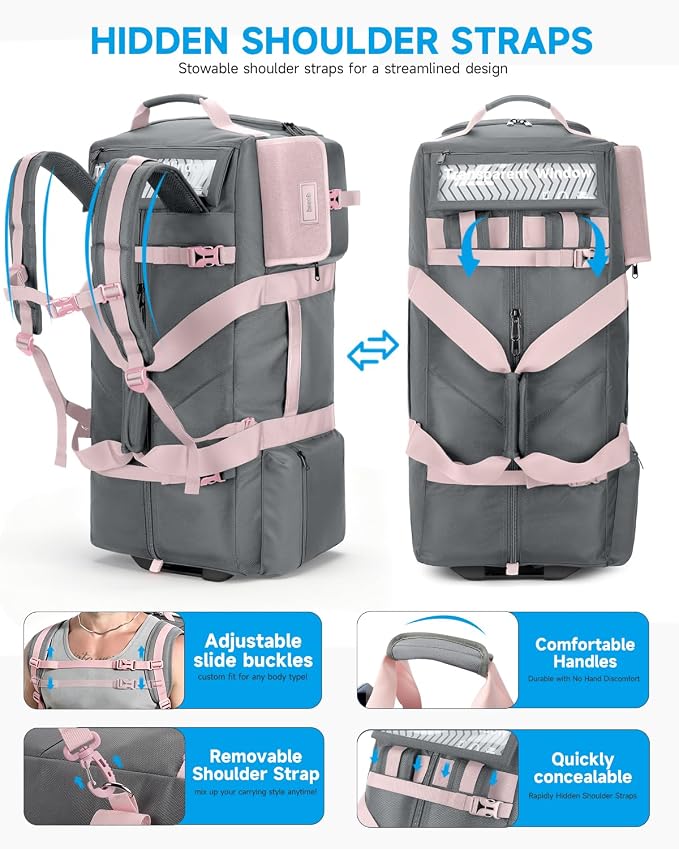 Foldable 90L Rolling Duffel Bag with Wheels, 4-in-1 Carry Water-resistant Travel Duffle with Shoe Compartment&Quick-Access Pockets, Multi-Purpose Bag for Gym, Camping - Image 3