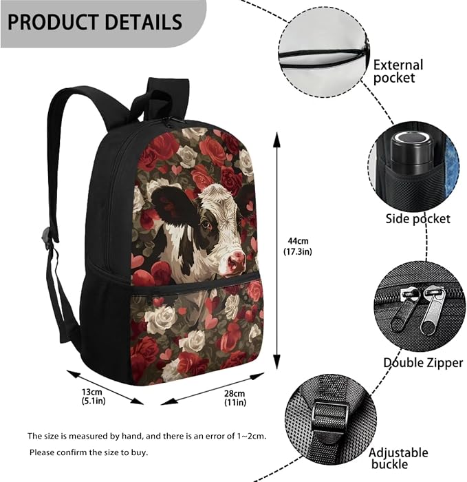 Retro Rose Cow Print Backpack Set for Student Schoolbag Large Capacity Bookbag Lunch Box Pencil Case 17 Inch Travel Laptop Backpacks Fashion Rucksack Lightweight Daypack - Image 2