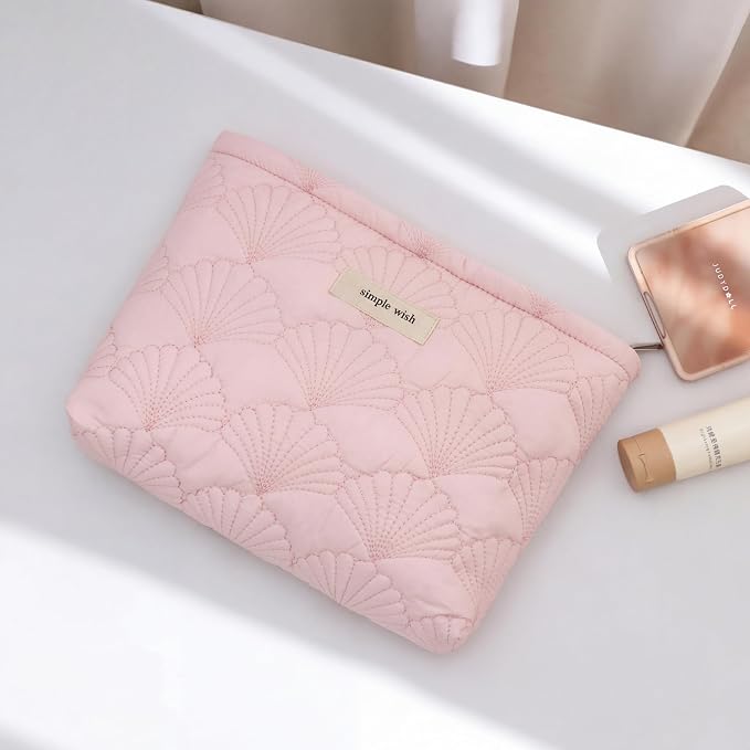RSRSLEII Quilted Cotton Coquette Makeup bag, Coastal Granddaughter Aesthetic Cosmetic Bag, Cute Seashell Portable Travel Toiletry Pouch (11 Pink- Patch) - Image 4