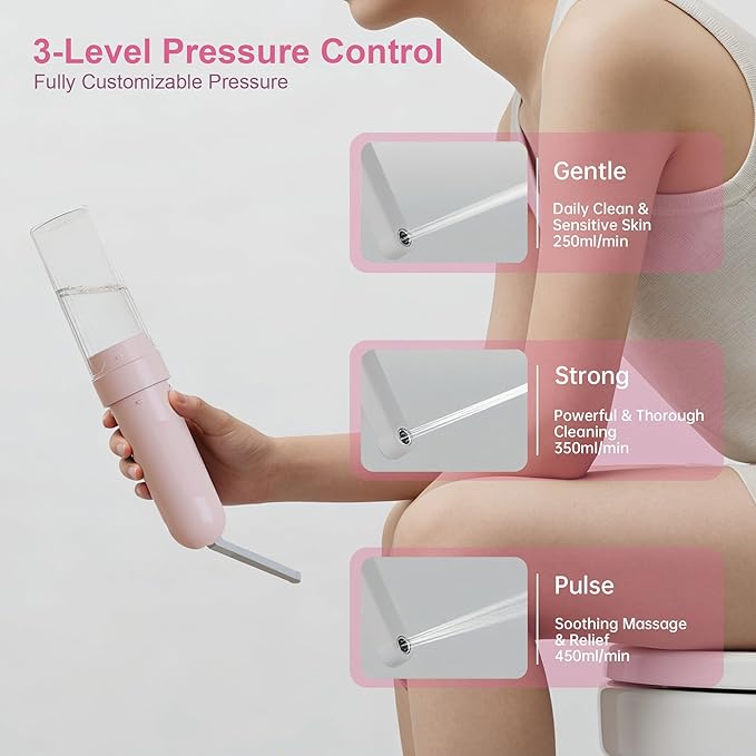Portable Bidet - Handheld Rechargeable Electric Travel Bidet Sprayer with 3 Pressure - IPX7 Waterproof for Bathroom Ultimate Personal Hygiene Cleaning at Home and Camping (Pink, 6.9 Inches)