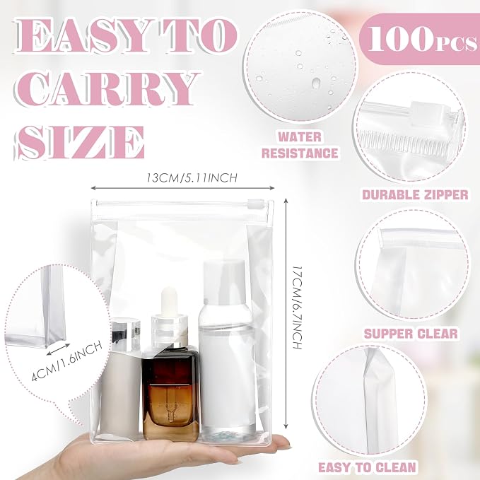 Xuniea 100 Pcs Mini Clear Makeup Bag PVC Small Travel Toiletry Organizer Pouches Bulk Waterproof Transparent Plastic Cosmetic Bag with Zipper for Women Men Travel(5.1'') - Image 2