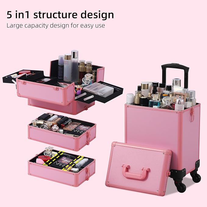 Somduy Makeup Train Case, Rolling Makeup Case with Lid, 5 in 1 Cosmetology Case on Wheels, Christmas Gift, Large Makeup Case Organizers, Profesional Cosmetic Case for Salon Barber, Pink - Image 2