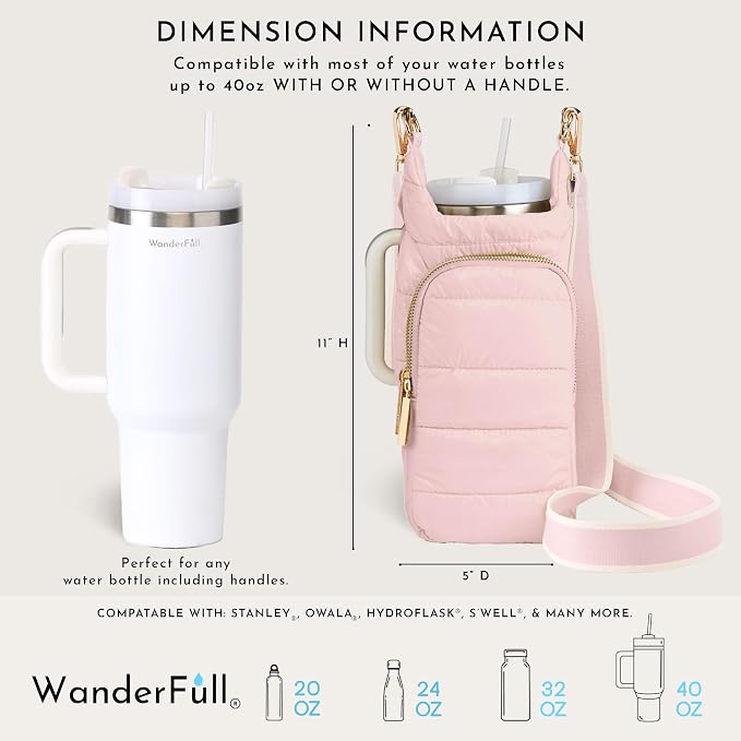 WanderFull Original HydroBag Handle®, Zipper for Handle, 40 oz Water Bottle Holder w/Strap, Crossbody Carrier Bag w/Phone Pocket - Blush - Image 4