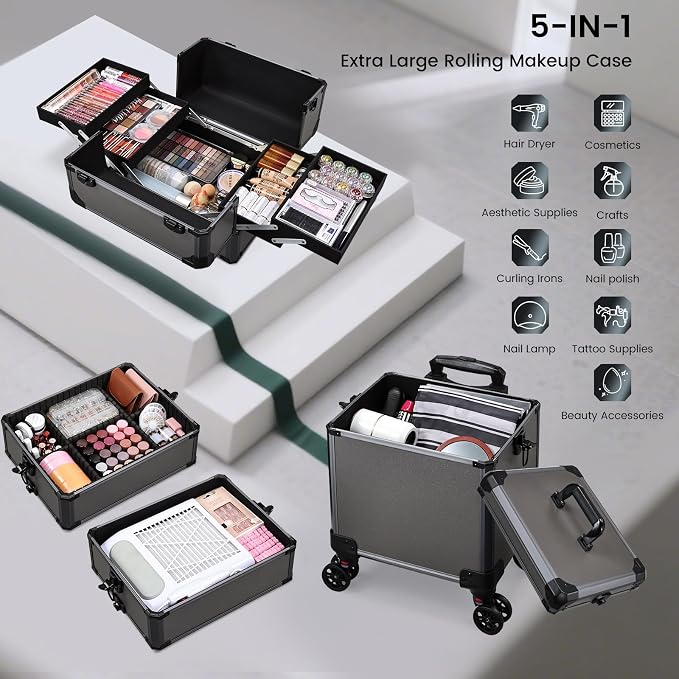 Rolling Makeup Case Makeup Train Case with Lid 5 in 1 Cosmetology Case on Wheels Cosmetic Trolley Organizer Large Makeup Organizers Case Profesional Cosmetic Case for Salon Barber Nail Beauty, Grey - Image 8