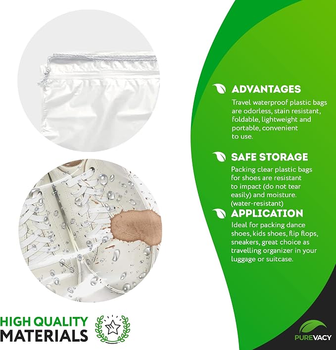 Clear Drawstring Bags, 9 x 12 Inch Plastic Shoe Bags with Cotton Drawstrings, Pack of 50 for Travel Storage and Packaging - Image 3