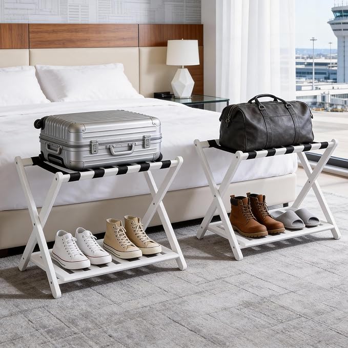 Luggage Rack for Guest Room - Set of 2 Full Assembled 26.77" L Luggage Rack Stand for Suitcases, Foldable Luggage Holder with Shoe Shelf for Bedroom, Hotel (White Bamboo Suitcase Stands) - Image 6