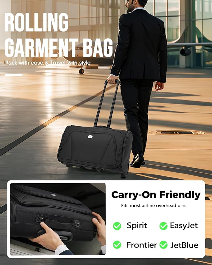MATEIN Carry On Garment Bag with Wheels, Wheeled Garment Travel Suit Bag | For Airline Travel, 2 Packing Cubes, 22x14x9, Business 2 Wheel Luggage Suitcase, Fits 17.3" Laptop, For Men Women, Black - Image 4