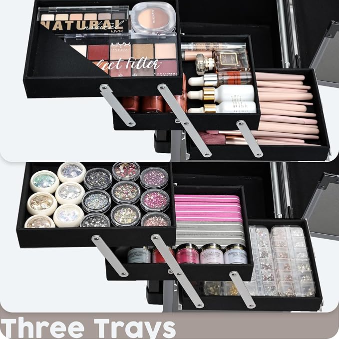 Hododou Rolling Makeup Case Cosmetic Travel Trolley Storage Sliding Drawer 4 Tray Makeup Travel Case with Wheels Salon Barber Case Traveling Cart Trunk for Cosmetologist Nail Tech Hairstylist Grey - Image 3