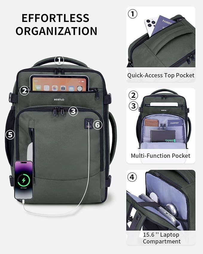 ECOHUB 17" Small Travel Backpack, United Airlines Personal Item Bag 17x10x9 with 16 Pockets, Water Resistant Rucksacks Fit 15.6" Laptop, AirTag Pocket, Lightweight Casual Daypack, 25L, Green - Image 4