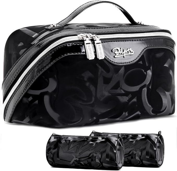 BOYATU Travel Makeup Bag for Women: Y2K Aesthetic Personalized Glossy 3 Pcs Set Cosmetic Organizer Bag - Trendy Statement Toiletry Pouches for Forward Women - Stand Out at Festivals & Trips(D-2-Black) by BOYATU