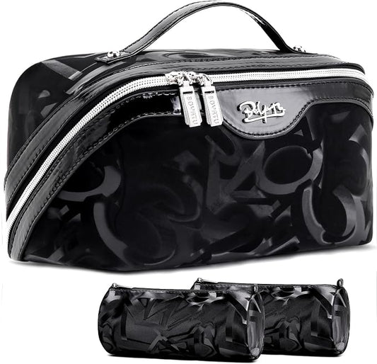 BOYATU Travel Makeup Bag for Women: Y2K Aesthetic Personalized Glossy 3 Pcs Set Cosmetic Organizer Bag - Trendy Statement Toiletry Pouches for Forward Women - Stand Out at Festivals & Trips(D-2-Black) by BOYATU