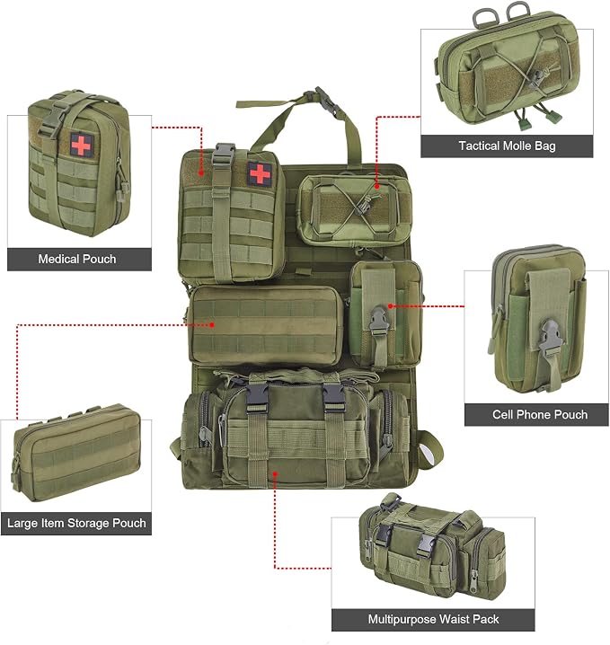 BXBXHD 6 Pack Tactical Truck Organizer Back Seat Storage Car Seat Storage Bag Molle Panels for vehicles, Car and SUV with Lots of Handy Compartments (Army green) - Image 3